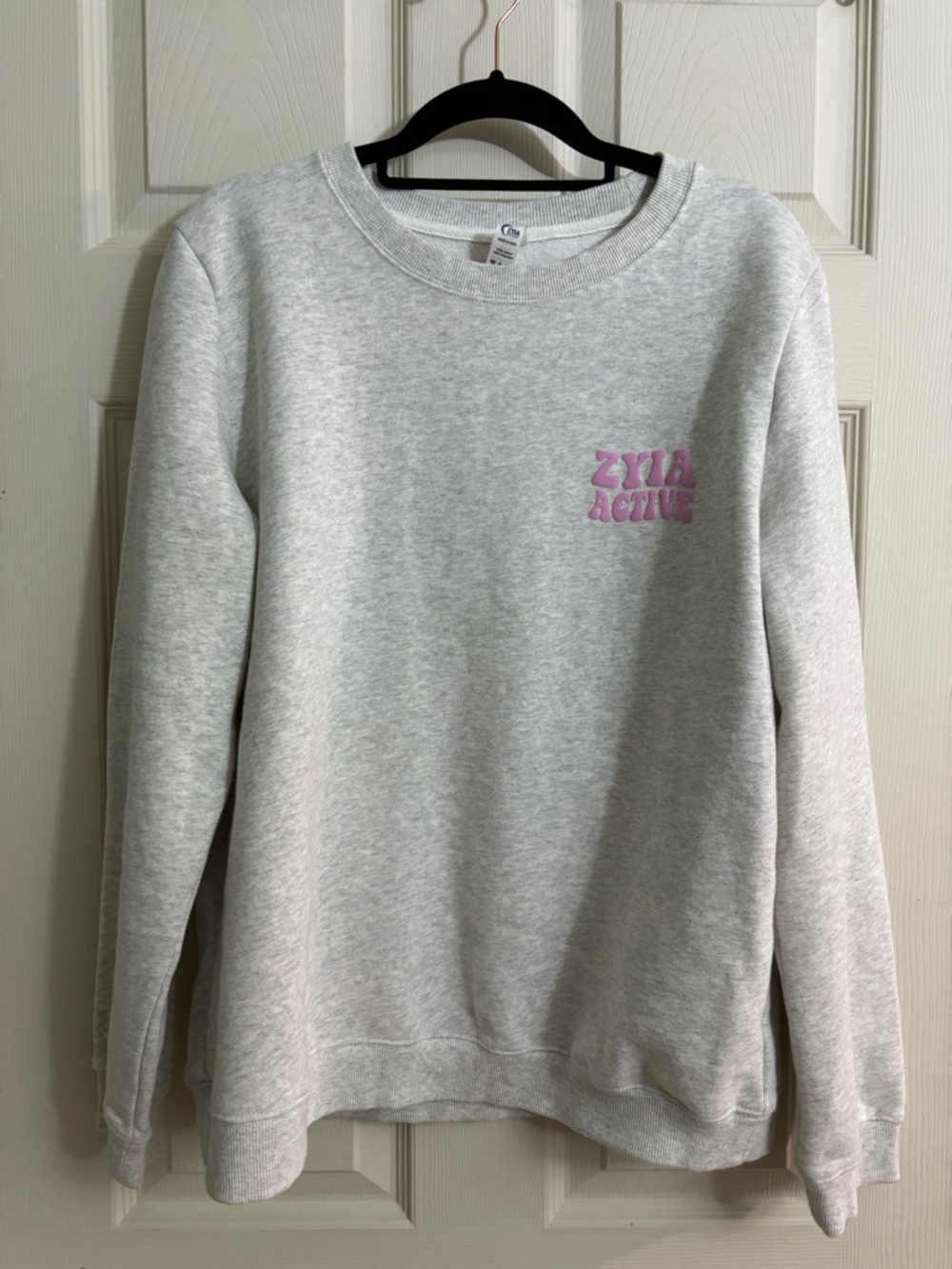 Zyla Active Women's Gray Fleece Lines Crewneck Sweatshirt with Pink Puff Logo